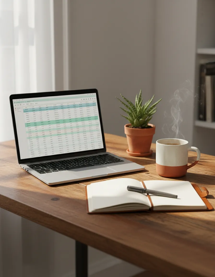 Cozy home-office desk setup with a laptop, coffee, and notebook