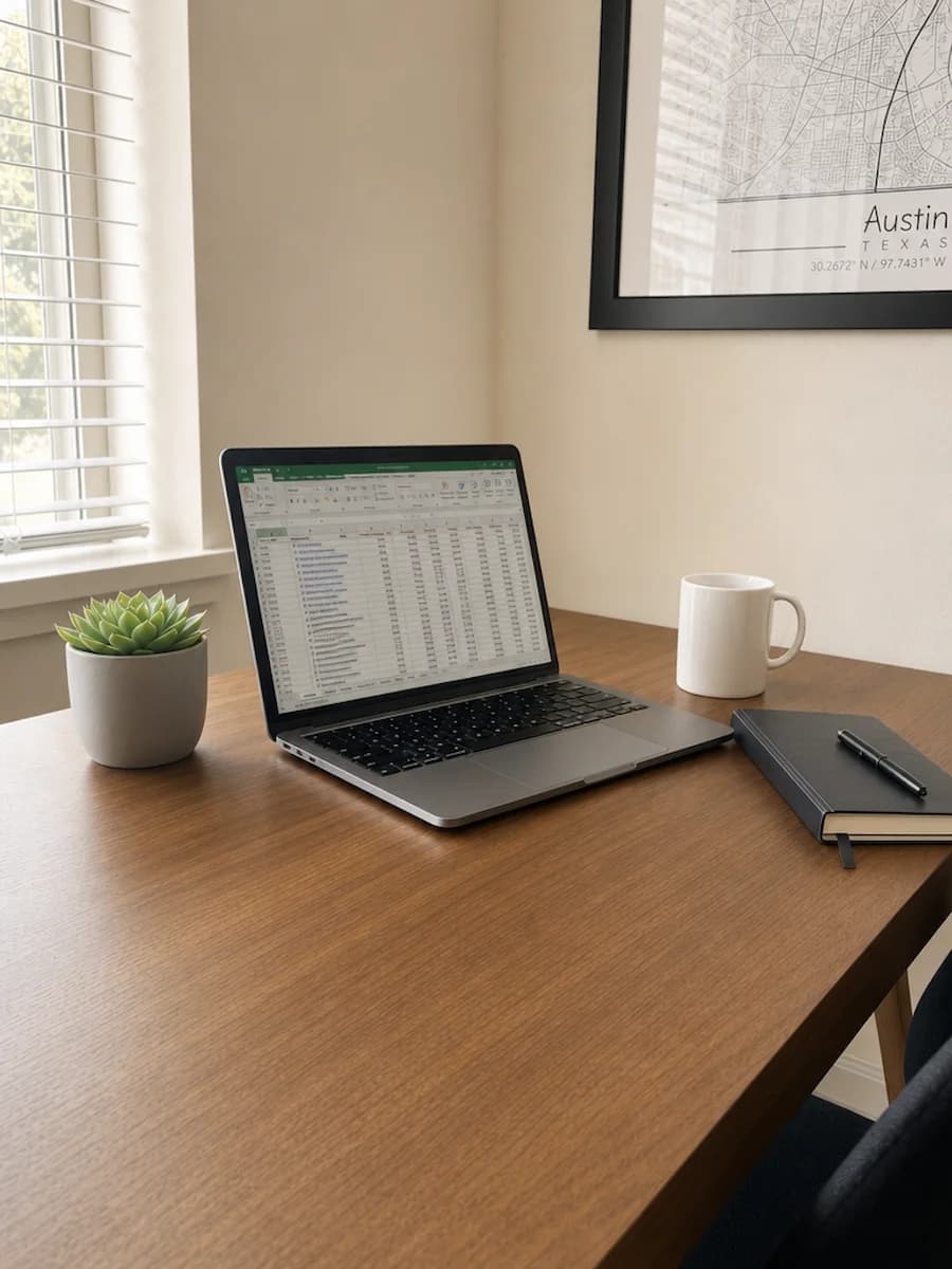 An organized bookkeeper's desk with a laptop and open notebook