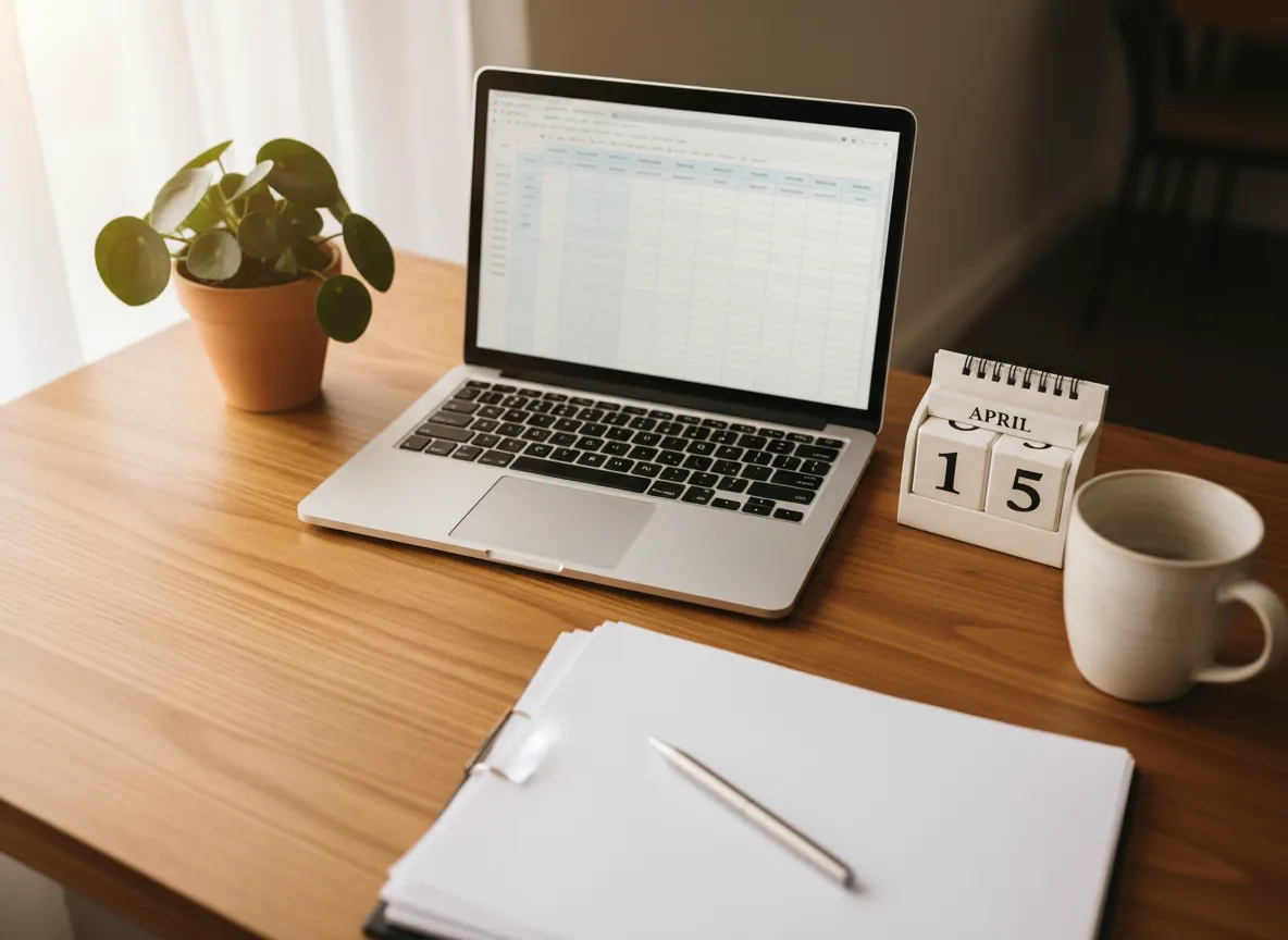 Laptop with an organized spreadsheet on a wooden desk, representing ongoing monthly bookkeeping